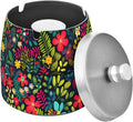 Colorful Bright Little Flowers Ashtray with Lid, Outdoor Ashtrays for Patio, Stainless Steel Ashtray Odorless Smokeless for Home Office Balcony