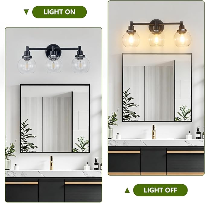 3-Light Bathroom Light Fixture Black Vanity Lights Over Mirror Modern Wall Sconce Farmhouse Vintage Bathroom Vanity Lighting with Glass Shade for Bedroom Hallway Cabinet Bathroom