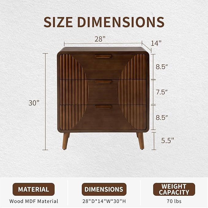 COSIEST Walnut Accent Cabinet with 3 Drawers, Sideboard Buffet Cabinet for Entryway, Living Room, Bedroom (Brown, Stripe Pattern)