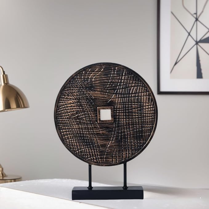 Unique Round Coin Sculpture Decorative Objects for Shelf Home Decor Accents, Modern Abstract Tabletop Decor Items for Living Room Fireplace Mantel, Above Cabinet (Black)