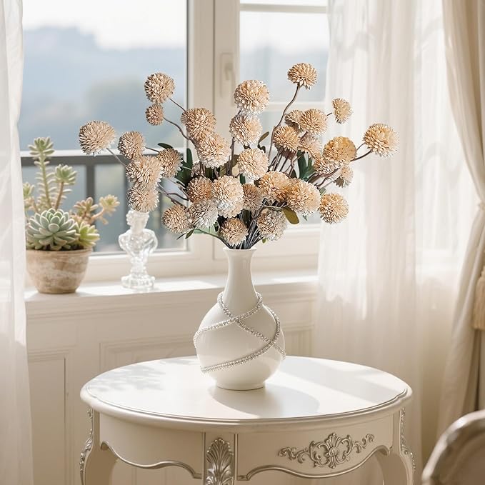 10 Pcs Fake Flowers, Artificial Mums with Long Stems, Beige Faux Pompon Mums Floral Arrangement, Champagne Plastic Flowers Silk Dried Flowers Home Decor, Fall Decorations for Home Vase(No Vase)