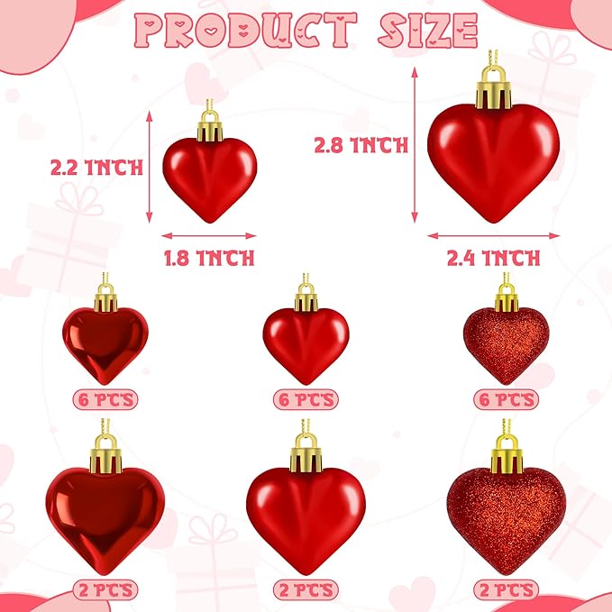 24PCS Heart Shaped Ornaments, Red Heart Shaped Ornaments, Valentines Heart Hanging Ornaments in 2 Sizes, Glossy Heart Baubles for Valentines Wedding Christmas Tree Party Decorations