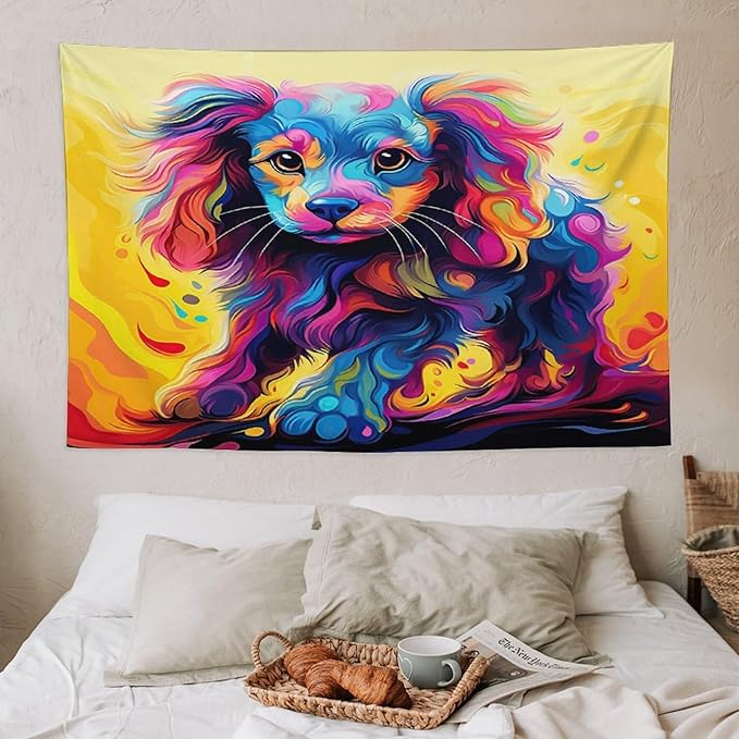 VUMIVI Colorful Cute Dog Tapestry Rainbow-Hued Oil Painting Pet-Themed Abstract Art Print Tapestry Wall Hanging for Living Room Bedroom Dorm Classroom Aesthetic Decor W60xL40in