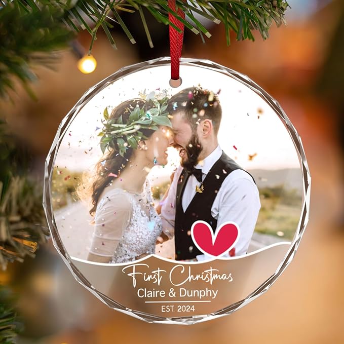 Personalized First Christmas Married Ornament 2024 Photo Text Custom Christmas Ornaments Crystal 2024 Customized Weddings Gifts for Couples Family Friends Xmas Decor