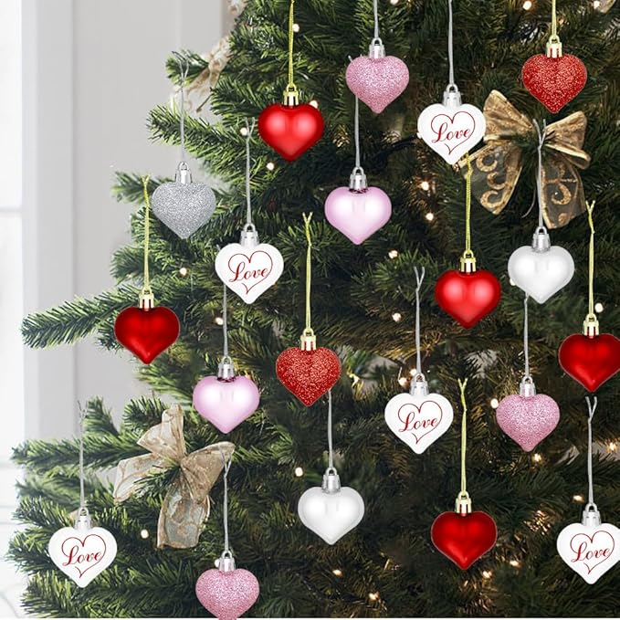 48 Pieces Valentine Heart Baubles Ornaments Valentine's Day Heart Shaped Ornaments for Decoration or Wedding Anniversary Party Supplies, 4 Colors in 8 Styles