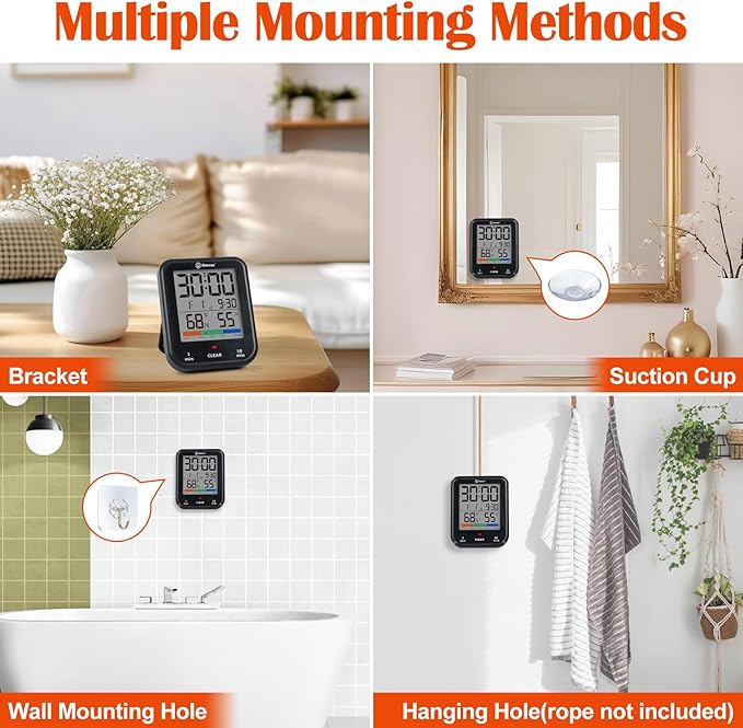 Geevon Digital Bathroom Clock, Waterproof Shower Timer with Large Touch Screen, Battery Operated Bathroom Wall Clock with Temperature & Humidity Display - Suction Cup/Hanging Hole/Stand (Black)