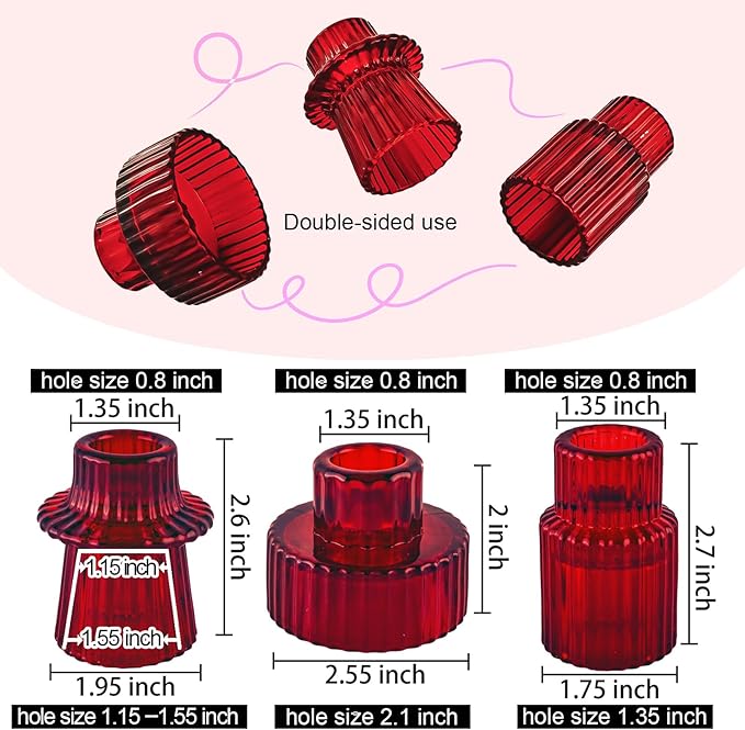Double Sided Vintage Ribbed Taper Glass Candle Holders,Tea Candle Holder for Table Centerpieces, Wedding Decorations and Dinner Parties (Red, 3 PCS)