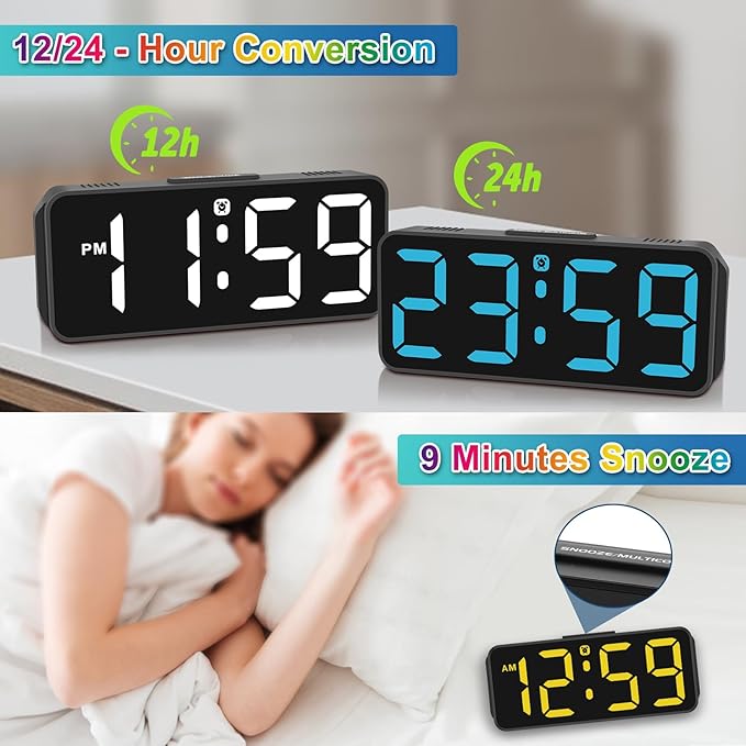 Peakeep Small Tiny Digital Alarm Clock Plug in for Kids Bedroom Bedside Nightstand, RGB Colorful Changing Large Display for Travel, Dimmable 6 Brightness, Corded Electric Battery Backup (Black - RGB)