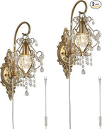 Gold Crystal Vintage Plug in Wall Sconces Set of 2 Indoor Wall Light Fixture, Modern Wall Mount Lamp Light for Bedroom Living Room Bathroom Vanity Light Hallway Light Fixture LED E12