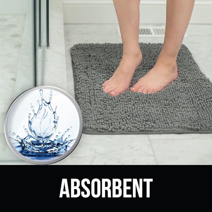 KANGAROO Bathroom Rugs, Chenille Soft Absorbent Bath Rug, Shaggy Shower Mat, Quick Dry Machine Wash Bathmat, Plush Carpet Mats for Tub, Bathtub and Room Home Decor Accessories, 42x24, Grey
