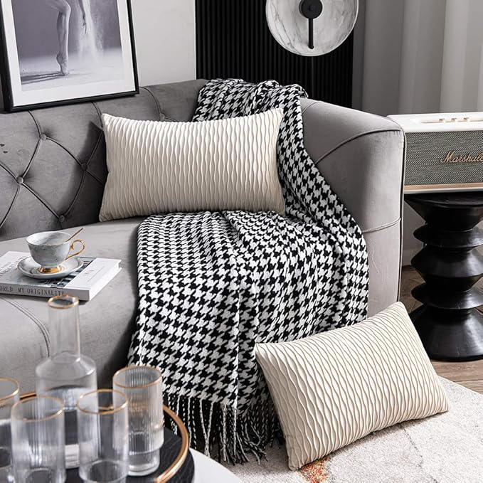 Ivory White Couch Pillow Covers: 2 Pack 12x20 Inch Original Striped Velvet Rectangular Throw Pillow Cases for Farmhouse Home Decor