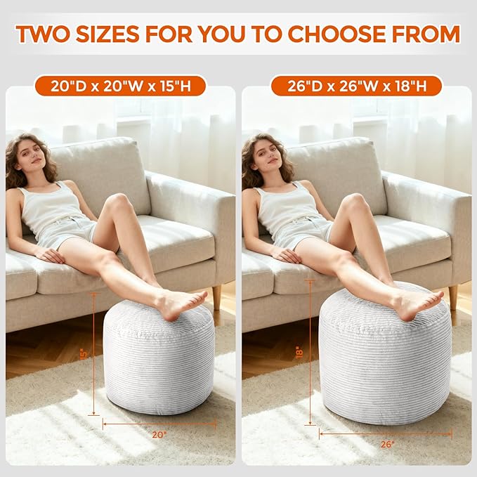 Pouf Ottoman Foot Rest, Comfortable & Soft, Round Footstool for Living Room, Bedroom, Office, Room Decoration, Corduroy Foot Stool Pouf with Odorless & Anti-Clump Filling, Large Grey