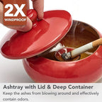 Ashtray with Lid for Outside Patio, Windproof Ash tray, Ceramic Smokeless Ashtray for Outdoor Home Office Tabletop Patio Outdoor Balcony, Red