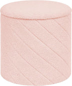 Round Boucle Storage Ottoman with Reversible Wood Tray, 17.7" Sherpa Cylinder Footrest Stool with Storage, Upholstered Folding Ottoman Coffee Table for Living Room Bedroom Dorm, Pink