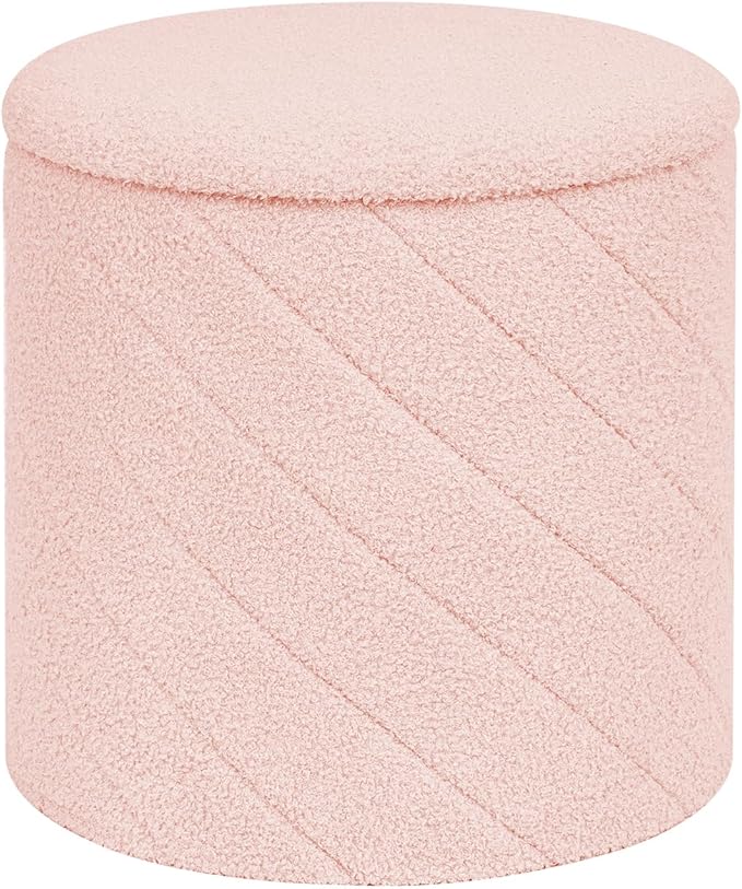 Round Boucle Storage Ottoman with Reversible Wood Tray, 17.7" Sherpa Cylinder Footrest Stool with Storage, Upholstered Folding Ottoman Coffee Table for Living Room Bedroom Dorm, Pink