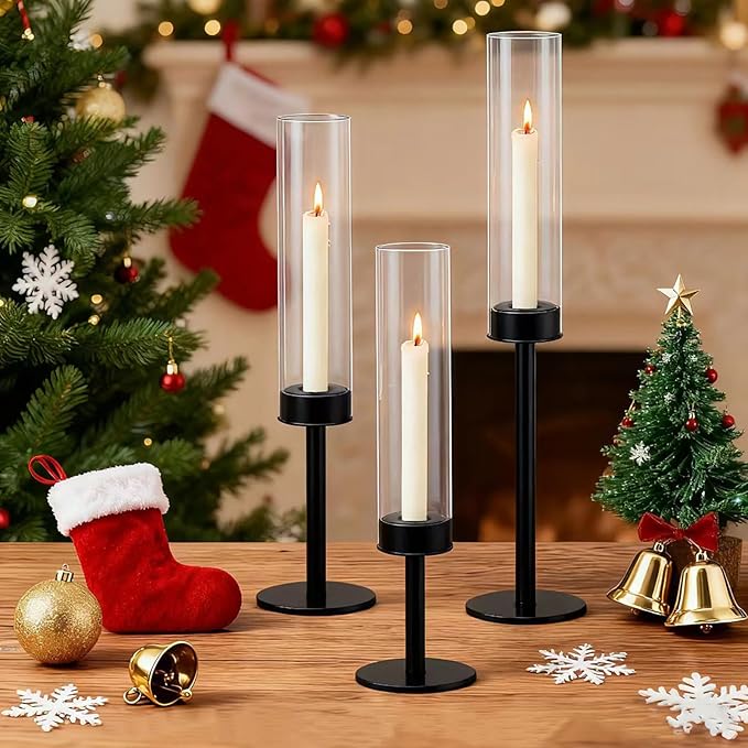 Black Taper Candle Holder Set with Glass Hurricane – Modern Candlestick Holders for Dining Room, Premium Gift Set for Wedding, Fall Centerpieces for Tables, Warmly Gift for Home Decor, Christmas Decor