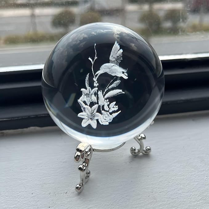 HDCRYSTALGIFTS 3D Hummingbird Crystal Ball Paperweight 60mm(2.3Inch) Laser Engraved Glass Sphere Display Globe Meditation Ball Home Decor with Metal Stand