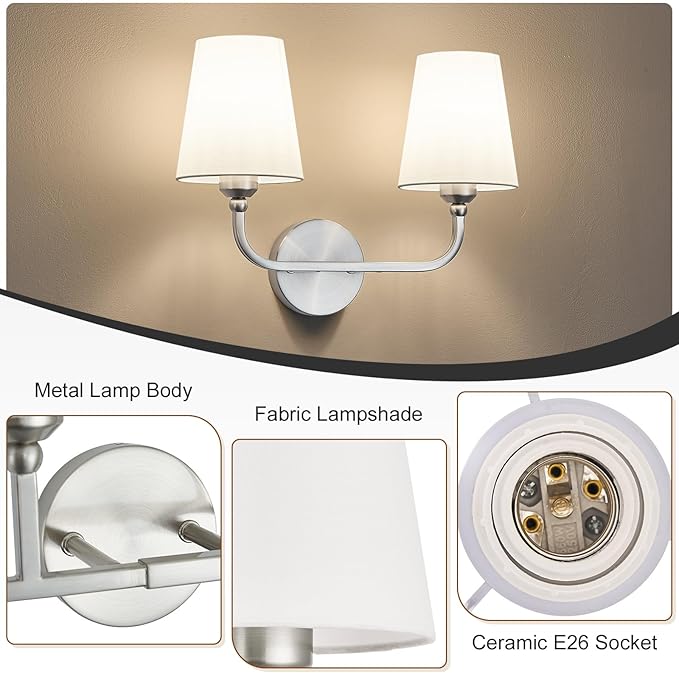 Kvhilw Bathroom Vanity Light, Brushed Nickel Bathroom Light Fixtures, 2-Light Lighting Fixtures Over Miror, Modern Wall Sconce with Flared White Fabric Shade, E26 Socket(ETL Listed)