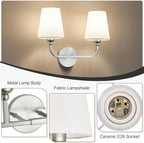 Kvhilw Bathroom Vanity Light, Brushed Nickel Bathroom Light Fixtures, 2-Light Lighting Fixtures Over Miror, Modern Wall Sconce with Flared White Fabric Shade, E26 Socket(ETL Listed)