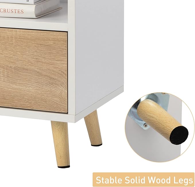 JAXPETY Nightstands Set of 2, Night Stand with Drawer and Open Storage Shelf, Bedside Tables with Solid Wood Legs, End Table, Side Table, for Bedroom(2-Pack, White)