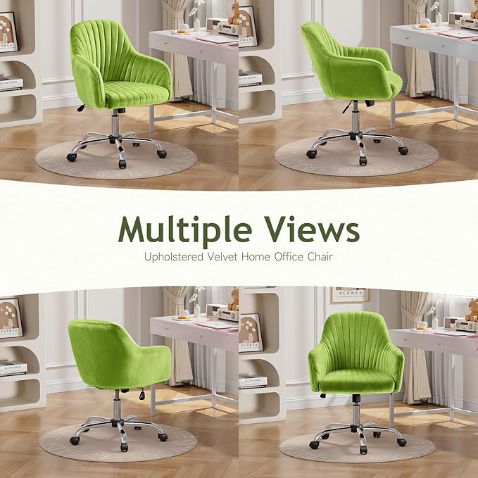 Warmiehomy Velvet Desk Chair for Home Office, Modern Adjustable Swivel Task Chair, Women Vanity Chairs with Arm Rest for Bedroom Dressing Room, Light Green