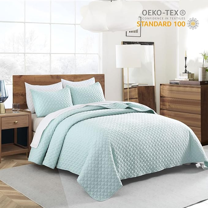 HORIMOTE HOME Quilt Twin Size Aqua Blue, Lightweight Quilt for Summer Ultra-Soft Microfiber Modern Style Quilted Clouds Pattern Bedspread Quit Set 2 Pieces (1 Quilt and 1 Pillow Sham)