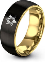 Mezuzah star Of David Ring - Gift for Jewish Family - Flat Dome Bevel - 8mm - Men Women - Yellow Gold Black Silver Blue - Anniversary Wedding - Personalized Custom Engraving - Band - Brushed Polished