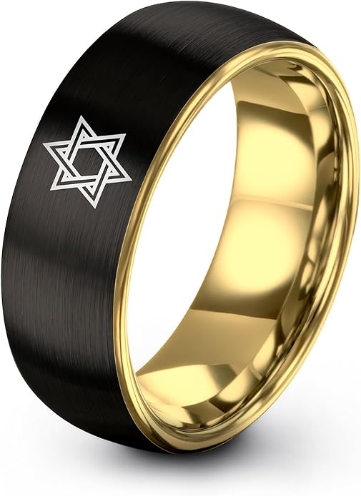 Mezuzah star Of David Ring - Gift for Jewish Family - Flat Dome Bevel - 8mm - Men Women - Yellow Gold Black Silver Blue - Anniversary Wedding - Personalized Custom Engraving - Band - Brushed Polished