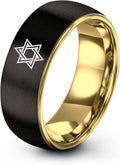Mezuzah star Of David Ring - Gift for Jewish Family - Flat Dome Bevel - 8mm - Men Women - Yellow Gold Black Silver Blue - Anniversary Wedding - Personalized Custom Engraving - Band - Brushed Polished
