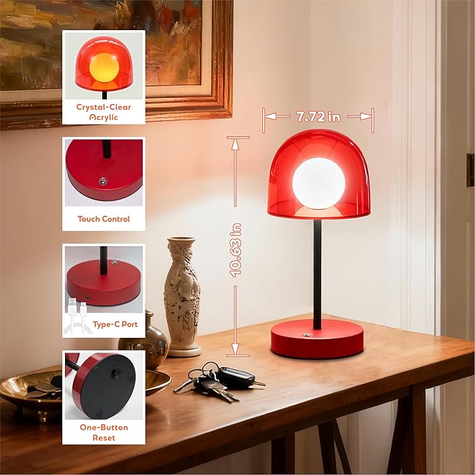 Small Mushroom Lamp Orange, LED Cordless Kitchen Lamp with 3CCT & Stepless Dimming, Rechargeable Mini Light for Art Room Study and Desk (Reddish Orange)
