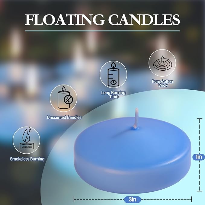 3 inch Floating Candles 30 Packs Blue Floating Candle for Centerpieces 8-9 Hours Floating Candles 3” Water Candles for Cylinder Vases, Pool, Wedding