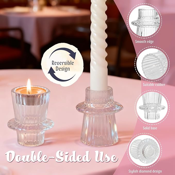 24 Set Glass Hurricane Candle Holders - 12" Tall Clear Glass Candlestick Holders for Taper Candles with Cylinder Chimney for Wedding, Party, and Home Table Centerpiece Decoration