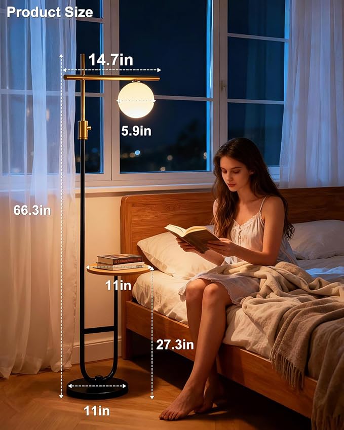 Lightdot 66IN Gold&Black Dimmable Floor Lamps with Table, Modern Standing Tall Lamp with Globe Shade, Cross-Shaped Head and U-Pole Base for Living Room/Bedroom/Sofa Beside/Corner Decor(Bulb Included)