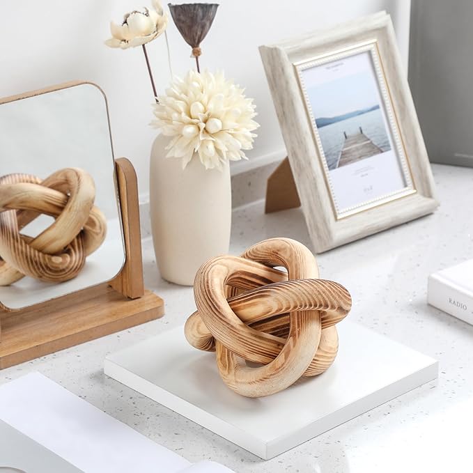 3 Link Wood Knot Decor Rustic Home Décor Accents Hand Carved Coffee Table Decoration, Boho Chain Link Decoration, Modern Shelf, Rustic Objects for Home Living Room Bedroom(Burnt)