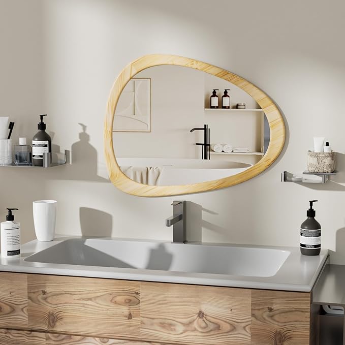34" x 26" Irregular Wall Mirror, Natural Wooden Framed Asymmetrical Wall Mirror for Living Room Bedroom Bathroom Entryway, Modern Decorative Hanging Hook