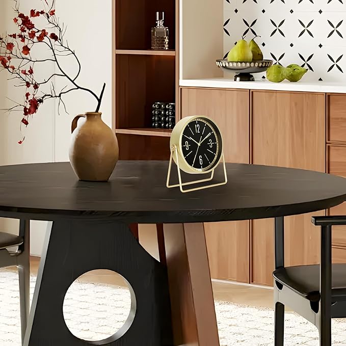 QIYAODECO® Vintage Metal Desk Clock for Bedroom, with Adjustable Angle Ticking Small Battery Operated Mantel Bedside Clock, Decorative Table Old Fashioned Style Black Decor Adult Kid Gift,Gold Black