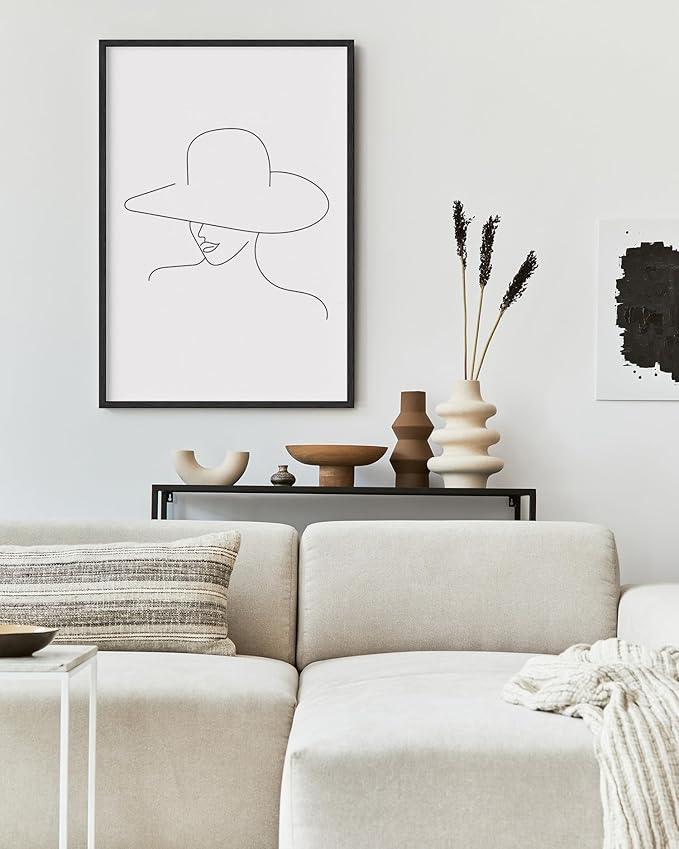 Elegant Woman in Hat Wall Art Minimalist Feminine Profile Continuous Line Drawing 24x36 Inch Oak Wood Black Framed Chic Fashion Print for Vanity Bedroom