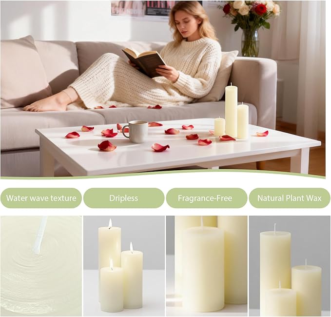 18 Pack Ivory Pillar Candles Bulk Set, 2x3 2x6 2x8 Inch - 6 Each Size, Dripless Smokeless Clean Burning for Wedding Centerpieces, Home Decor, Church, Romantic Ambiance！