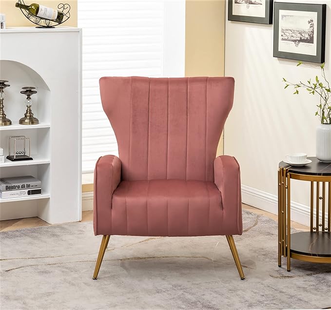 Modern Velvet Accent Chair, Channel Tufted Bedroom, Office or Living Room Furniture with Elegant Metal Legs, 26" Wide Armchair, Rose