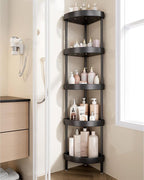 Nieifi Corner Shower Caddy Stand-5 Tier Rustproof Anodized Aluminum Standing Shower Organizer-Shower Caddy Corner-Dual Stability to Anti-Shaking-Height-Adjustable Legs for Uneven Surfaces-Black