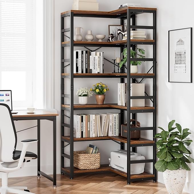 NUMENN 6 Tier Corner Bookshelf, Modern Corner Bookcase, Large Open Shelf Bookcase, Tall Bookshelves Storage Display Rack for Bedroom, Living Room and Home Office, Vintage