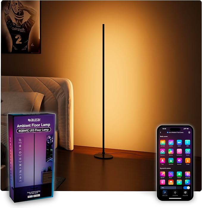 Aura RGBICW Floor Lamp, Ambient Lighting LED Corner Light App & Voice Control with Music Sync 1000 Lumen 4-Billion Colors, 90+ CRI, Preset & Custom Colors & Scenes, Modern Floor Lamps for Living Room