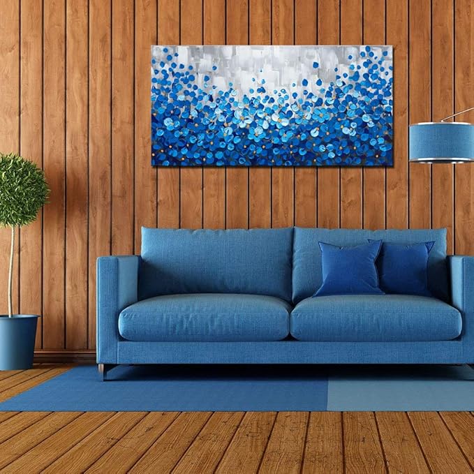 MyArton Textured Blue Flowers Canvas Wall Art Hand Painted Modern Decoration Oil Painting Picture Framed Ready to Hang 48x24inch