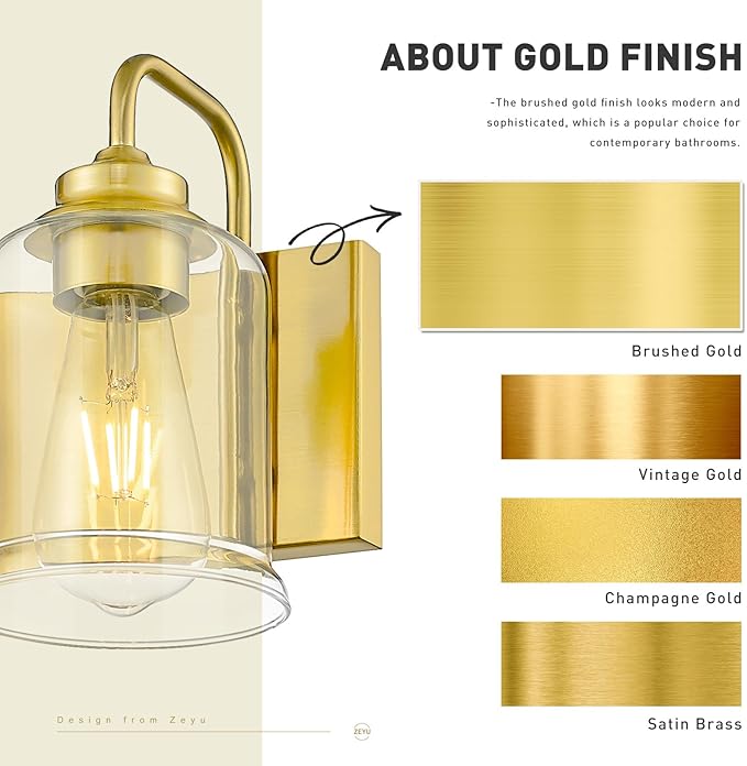 zeyu 4-Light Brushed Gold Vanity Light, Modern Wall Sconces for Mirror Kitchen Bedroom, Bathroom Wall Lights with Clear Glass Shade, ZSL72B-4W BG