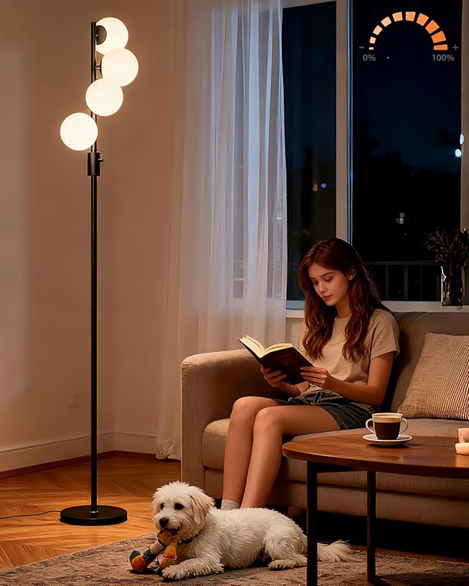 Lightdot 64IN Dimmable (Brightness Adjustable) Globe Floor Lamp, Black Standing Lamps with 4PCS 3000K Bulbs Included, Mid Century Modern Floor Lamp for Living Room/Sofa Beside/Corner Decor
