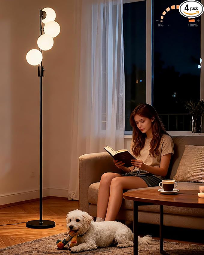 Black Globe Floor Lamp Dimmable 64IN Tall Standing Lamps with Soft Warm White Eye Care 3000K G9 Bulbs, Mid Century Modern Floor Lamp for Living Room Bedroom