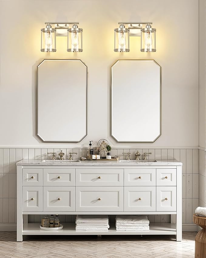 2-Light Brushed Nickel Bathroom Light Fixtures, 13.8 Inch Modern Bathroom Vanity Lighting Fixtures Over Mirror with Clear Glass and Metal Cage Wall Sconce Lights for Bath, E26, OS-3014BN-2W