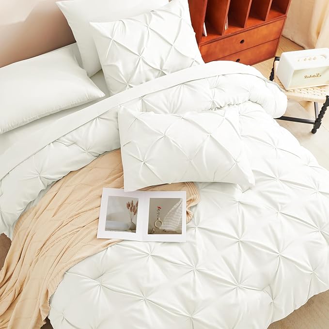 CozyLux King Size Comforter Set Ivory, 7 Pieces Pintuck Bed in A Bag Ivory Comforter King Size, Pinch Pleat Bedding Set with All Season Comforter, Sheets, Pillowcases & Shams