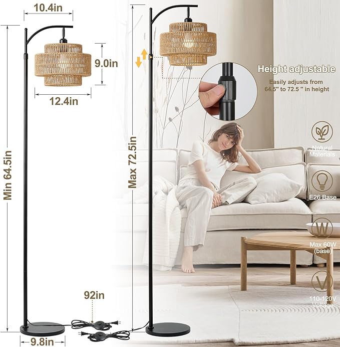 Boho Rattan Floor Lamp with Hand-Woven Wicker for Living Room,Modern 3-Tier Tall Floor Lamp with 3 Color Temperatures Remote & Dimmable 9W Bulb for Dining Room Bedroom Office Hotel(Brown)