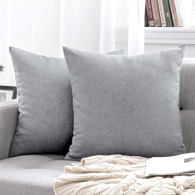 MIULEE Pack of 2 Decorative Outdoor Solid Waterproof Throw Pillow Covers Faux Linen Garden Farmhouse Cushion Cases for Patio Tent Balcony Couch Sofa 16x16 Inch Light Grey